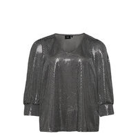 Blouse Glitter Plus V Neck 3/4 Length Sleeves Pitkähihainen Pusero Paita Hopea Zizzi