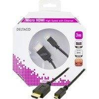 DELTACO HDMI-kaapeli 1.4+E 19-pin ur-Micro 19-pin ur 1080p musta 3m