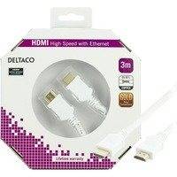 DELTACO HDMI-kaapeli v1.4+Ethernet 19-pin ur-ur 1080p valkoinen 3m