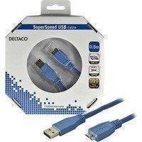DELTACO USB 3.0 kaapeli Tyyppi A uros-Tyypp Micro B uros 0 5m sininen