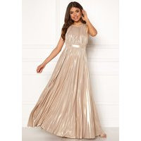 Goddiva Pleated Metallic Dress Gold M