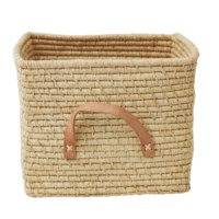 Rice - Small Square Raffia Basket with Leather Handles - Natural