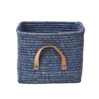 Rice - Small Square Raffia Basket with Leather Handles - Blue