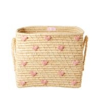 Rice - Small Square Raffia Basket with Raffia Handles - Pink Hearts