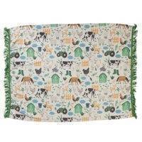 Rice - Chenile Blanket with Blue Farm Animals And Green Fringes Assorted