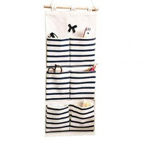 6/8 Pockets Stripe Closet Wall Hanging Organizer Cotton Linen Wardrobe Hanging Storage Bag, Slowmoose