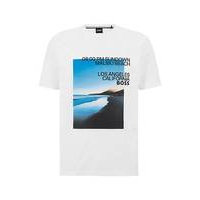 Cotton-blend T-shirt with photographic beach print and logo, Hugo boss