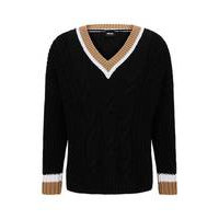 Cotton-blend V-neck sweater with cabled structure, Hugo boss