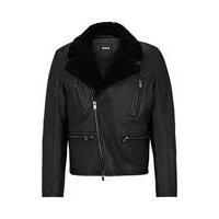 Leather jacket with sheepskin collar and asymmetric zip, Hugo boss