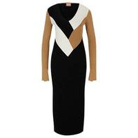 Long-sleeved knitted dress with ribbed structure and V neckline, Hugo boss