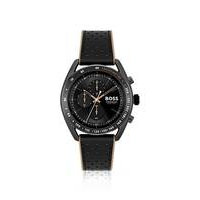 Black-plated chronograph watch with perforated leather strap, Hugo boss