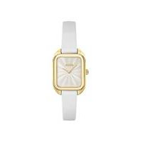 Gold-tone rectangular watch with white leather strap, Hugo boss