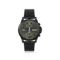 Black-plated watch with black leather strap, Hugo boss