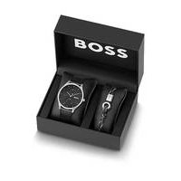 Gift-boxed black-dial watch and cord cuff set, Hugo boss