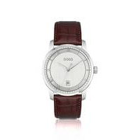 Leather-strap watch with silver-white patterned dial, Hugo boss