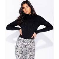 Rib Knit Polo Neck Long Sleeve Bodysuit In Black